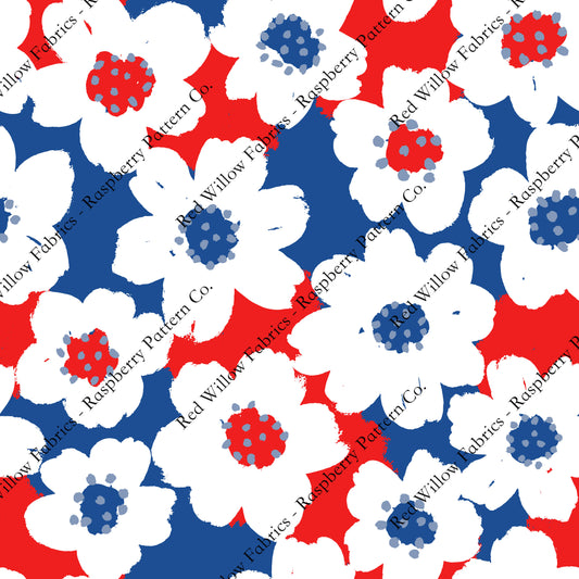 Raspberry Pattern Co - Sketchy Patriotic Floral Red Blue BG