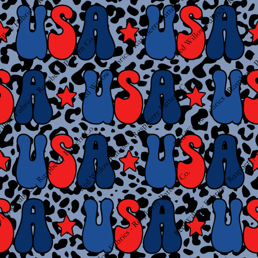 Raspberry Pattern Co - USA Retro Typography Blue on Black Leopard